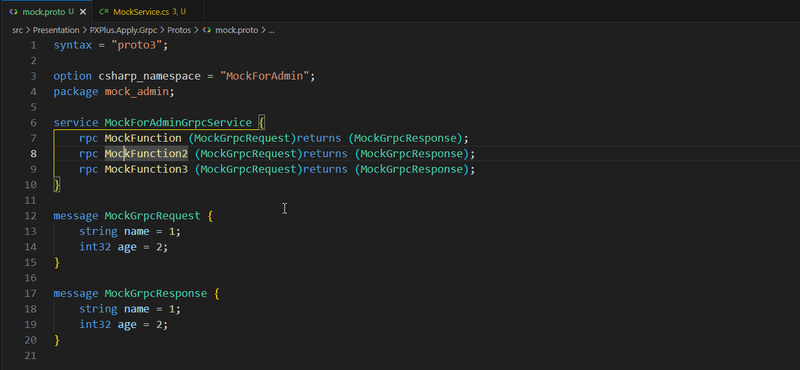 Demo showing F12 navigation from proto file to C# implementation